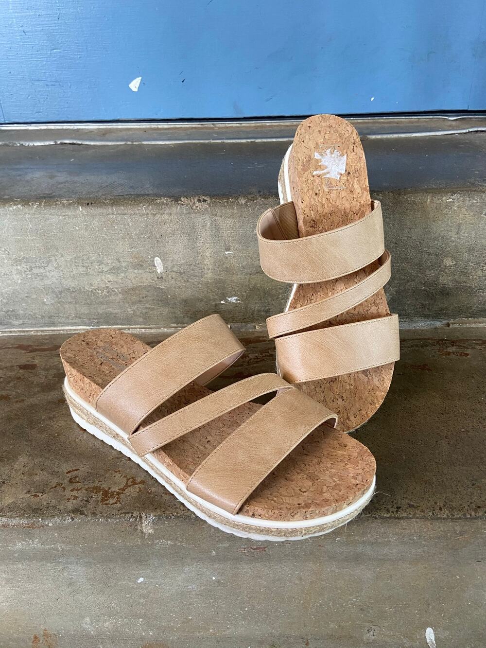 Lauren Blakwell “Cindy” nude color three strap platform wedge espadrille sandal